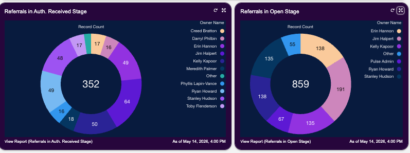 Two donut charts showing referrals in Auth Received stage and Open stage, broken down by owner.